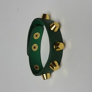 Yik Fung Green Leather and Gold Studded Bracelet